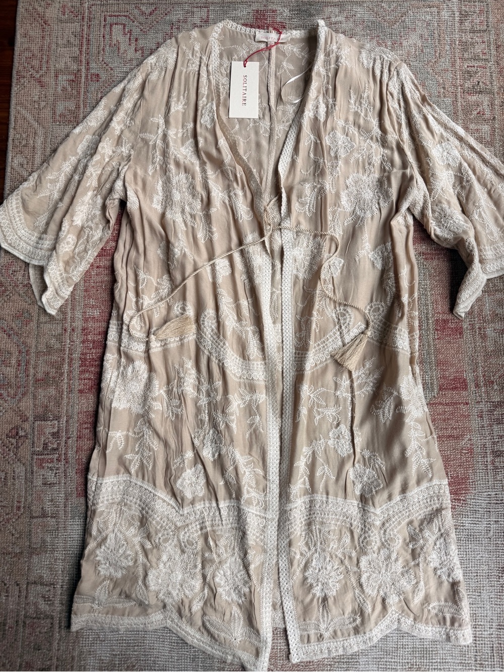 Solitaire Beige Embroidered Open-Front Kimono